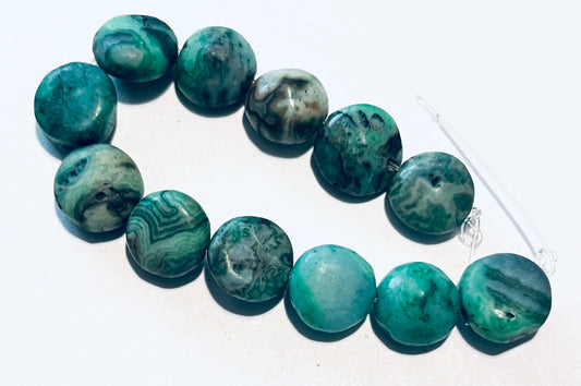 #2276 Natural Matte Green (Dyed) Crazy Lace Agate Puffed Coin Beads / 8mm / Strand of 12