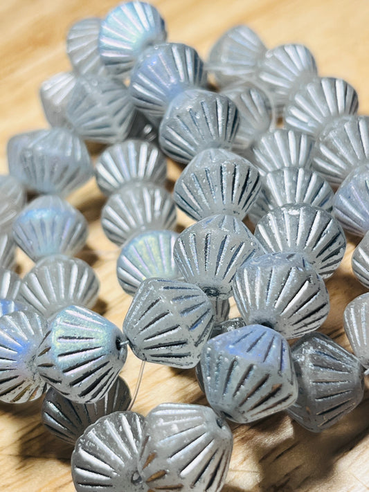 #2582 / Czech 11mm Tribal Bicone Semi-Translucent Matte Grey Beads with a Silver Wash and an AB Finish / 1mm Hole / Strand of 15