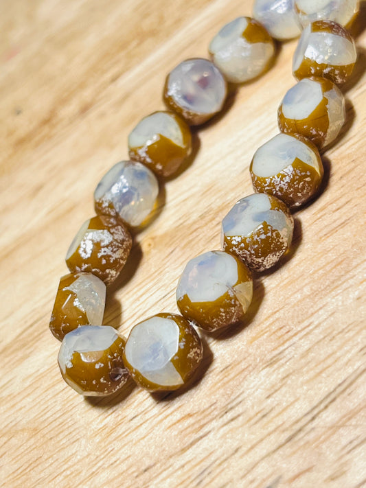 #2584 / Czech 8mm Table Cut Faceted Round Beads / Ivory Color with a Brown and Mercury Finish / 1mm Hole / Strand of 15