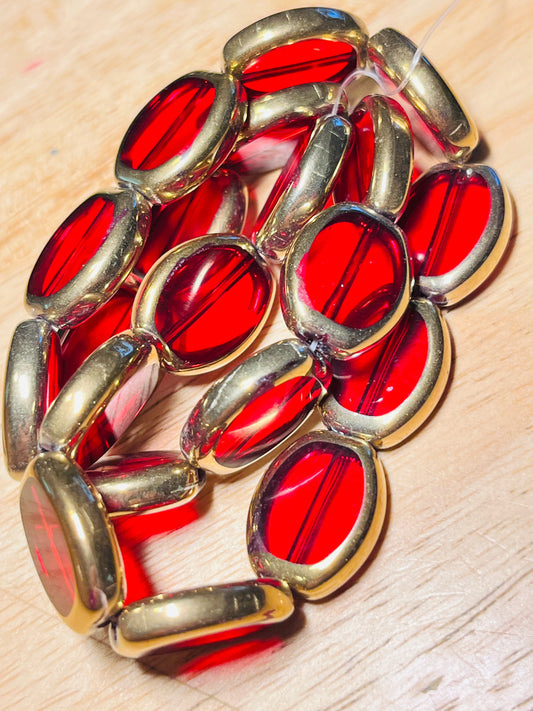 (Copy) #2588R / Electroplated Golden-Edged Oval Translucent Red Glass Beads / 17x14x4.5mm / 1.2mm Hole / Strand of 20