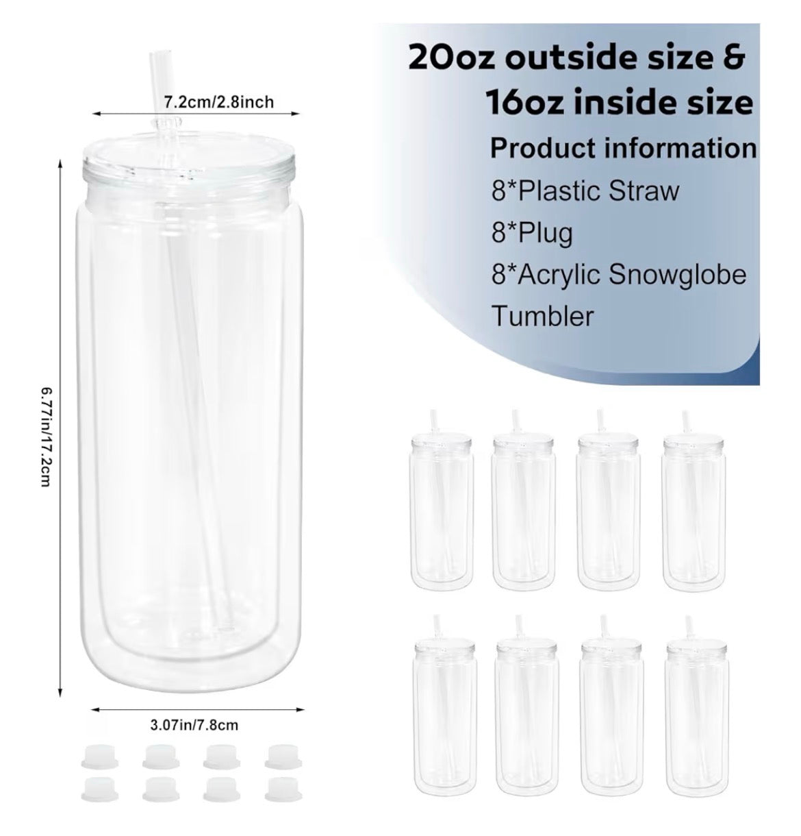 20 oz New Acrylic Snow Globe Tumbler Cups, Double Wall Plastic, Pre-Drilled Hole with Plug, Lid & Straw