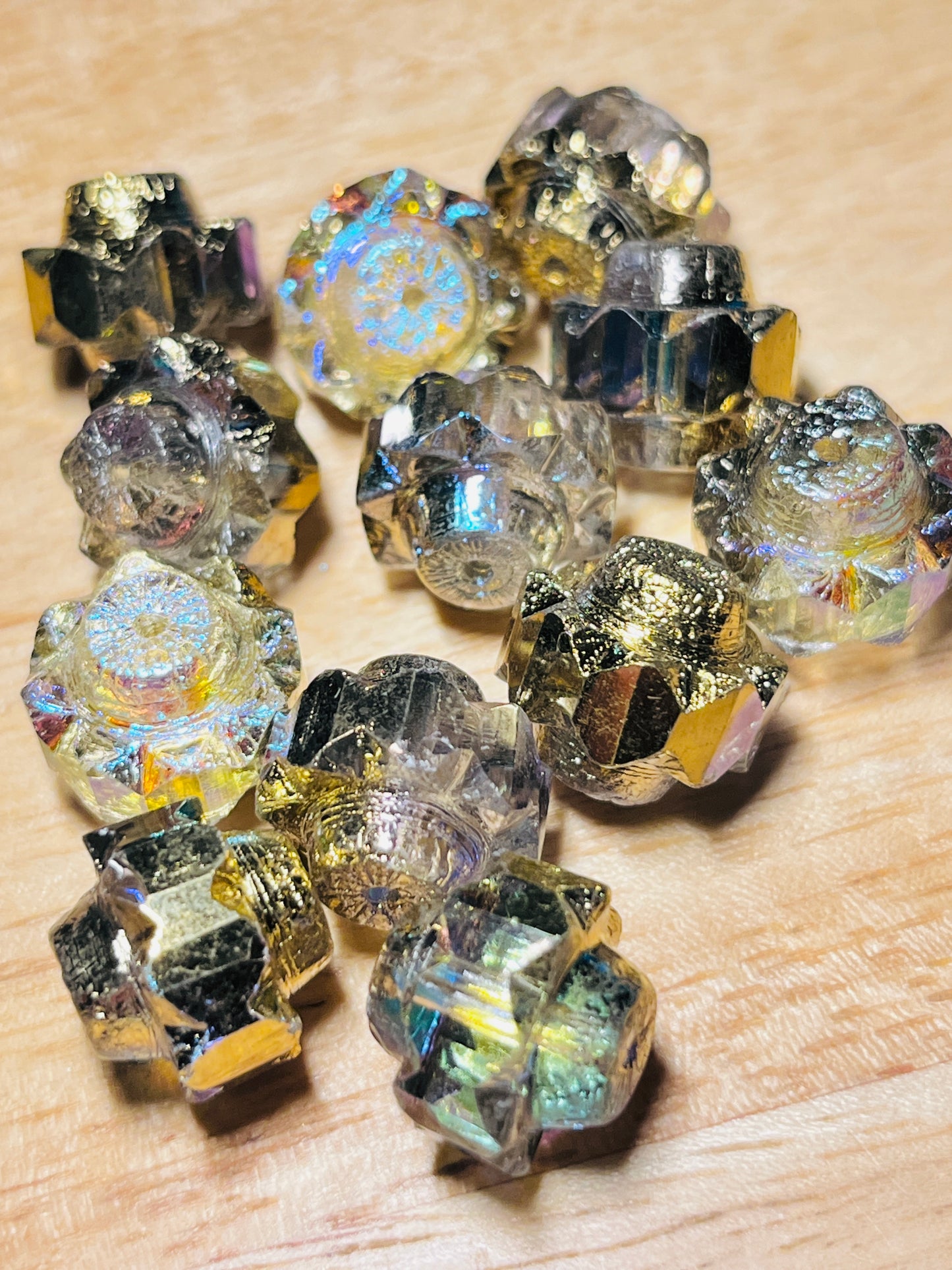 #2610 / Czech Crown Beads / Transparent Glass with a Gold Luster Finish / 13x15mm / 1mm Hole / Lot of 2