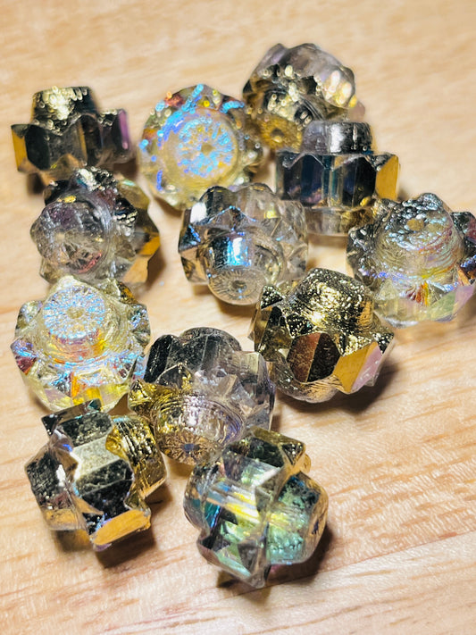 #2610 / Czech Crown Beads / Transparent Glass with a Gold Luster Finish / 13x15mm / 1mm Hole / Lot of 2