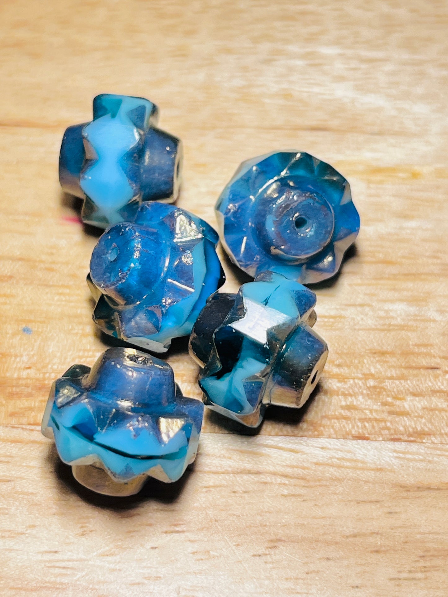 #2607 / Czech Crown Beads / Sea Green, Sky Blue and Teal with a Bronze Finish / 13x15mm / 1mm Hole / Lot of 2