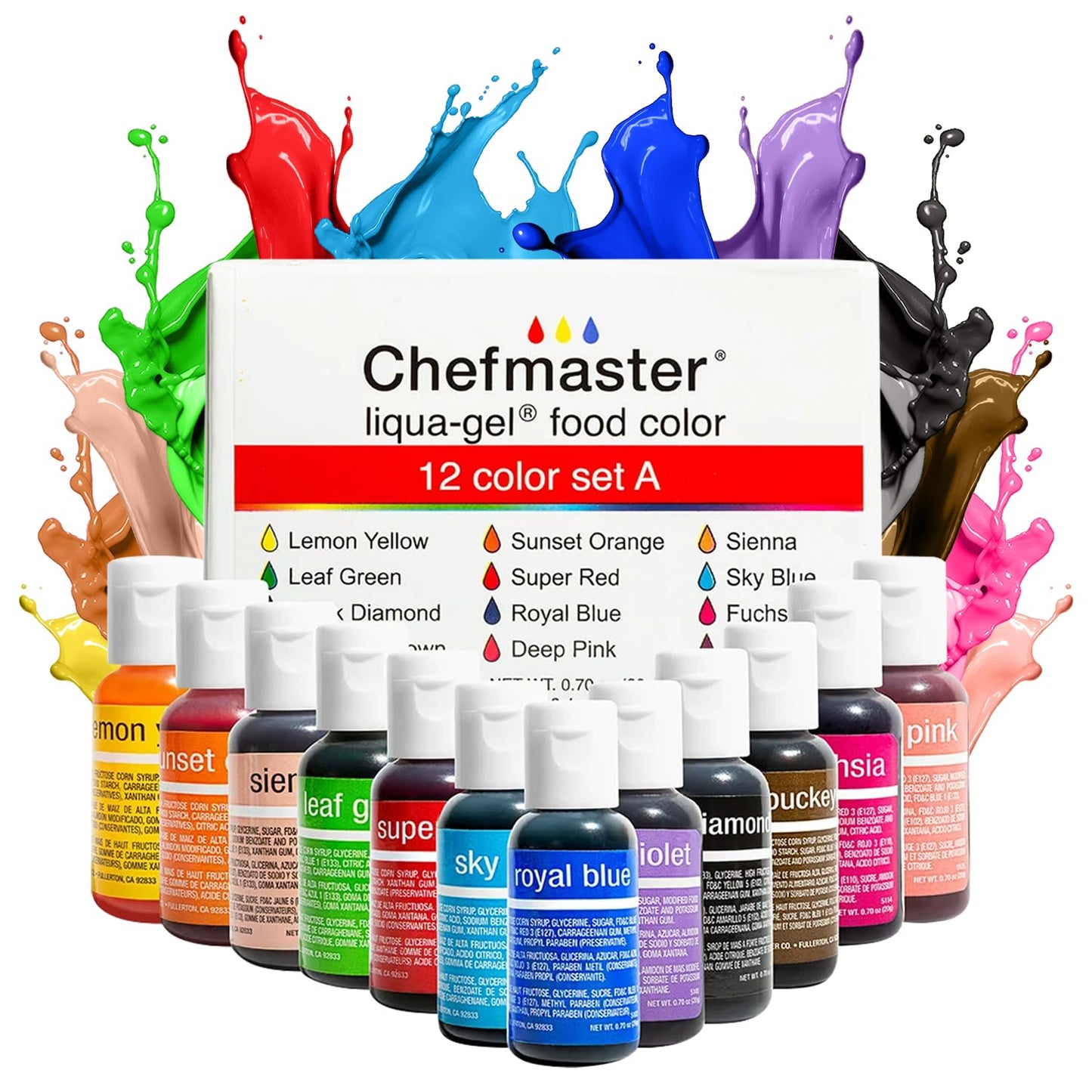 Chefmaster 12 Pack Liqua-Gel Food Coloring / Fade Resistant / Easy-To-Blend Formula