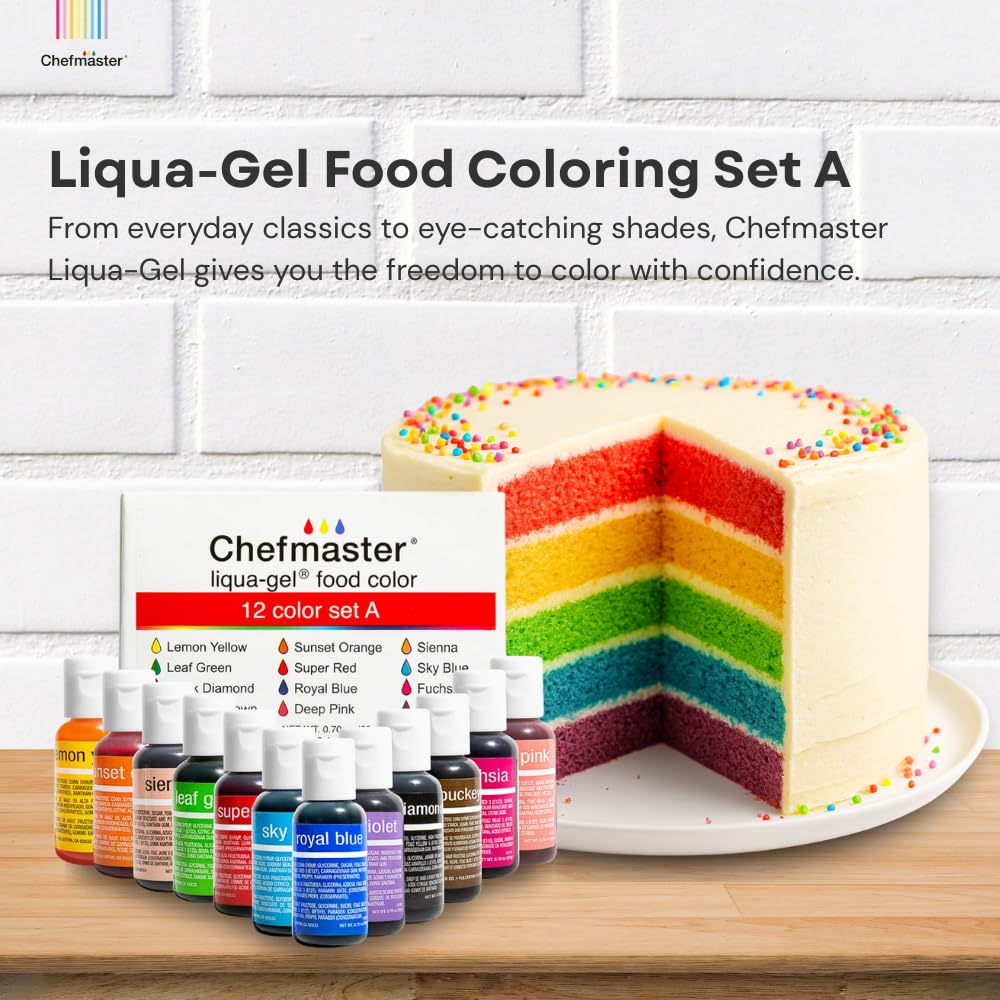 Chefmaster 12 Pack Liqua-Gel Food Coloring / Fade Resistant / Easy-To-Blend Formula