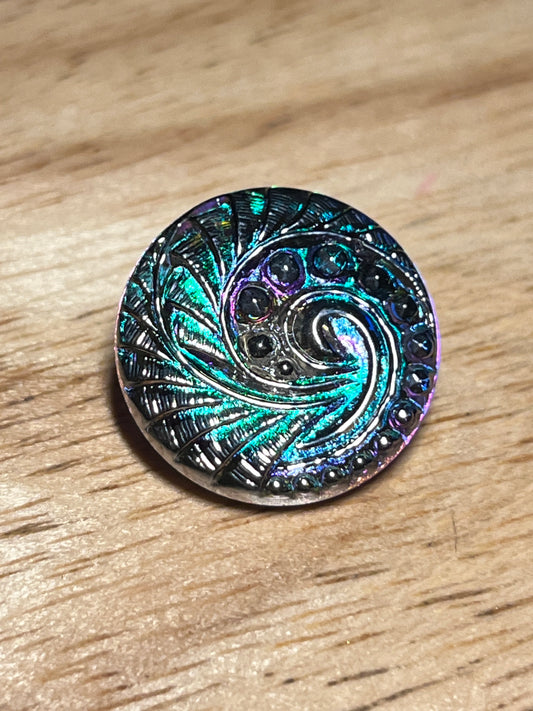 #2535 / Czech 18mm Swirl Button / Transparent Glass Showing Variations of Greens,  Pinks and Hand-Painted Silver Accents / Silver Vitrail Coating Applied to the Back and a Metal Shank with a 2.5mm Hole / Sold Individually