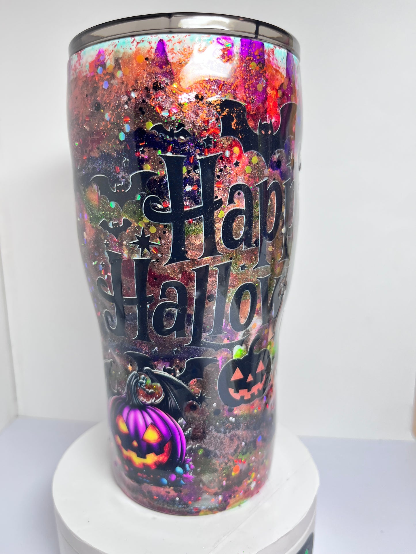 #302 - 20oz Curve Tumbler - Halloween Theme / Decals: Young Vampire, Bats, Pumpkins, “Happy Halloween”