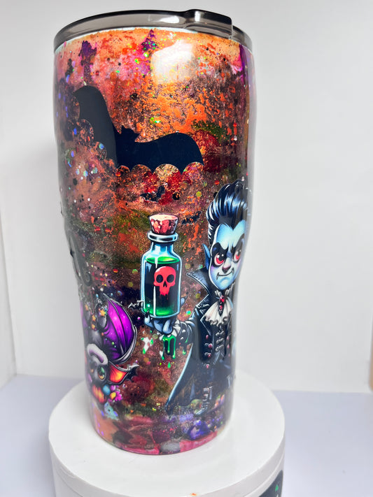 #302 - 20oz Curve Tumbler - Halloween Theme / Decals: Young Vampire, Bats, Pumpkins, “Happy Halloween”