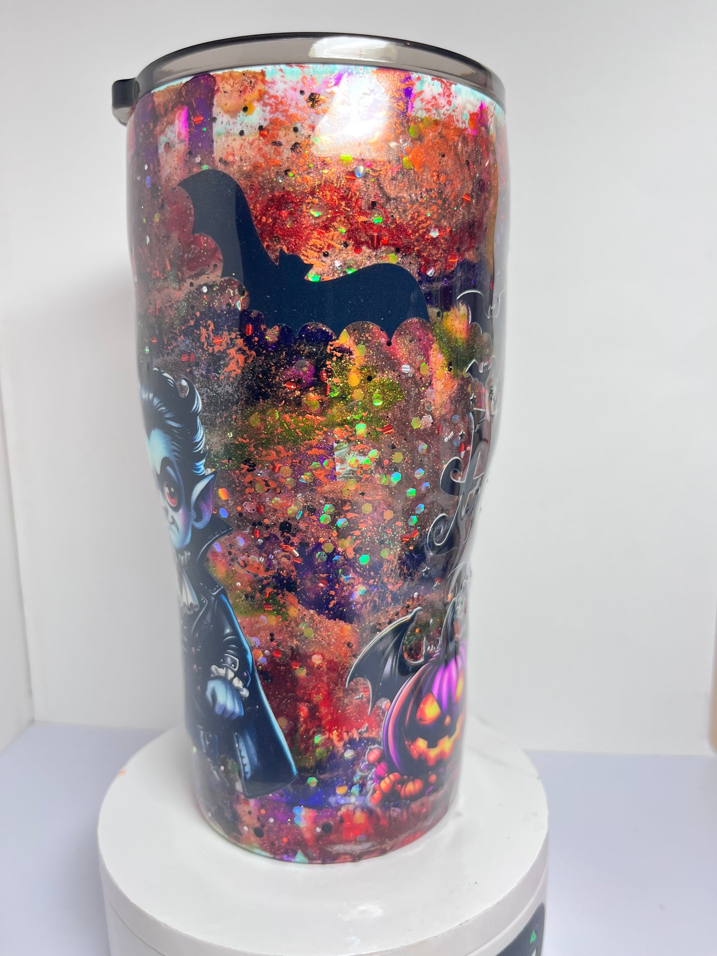 #302 - 20oz Curve Tumbler - Halloween Theme / Decals: Young Vampire, Bats, Pumpkins, “Happy Halloween”