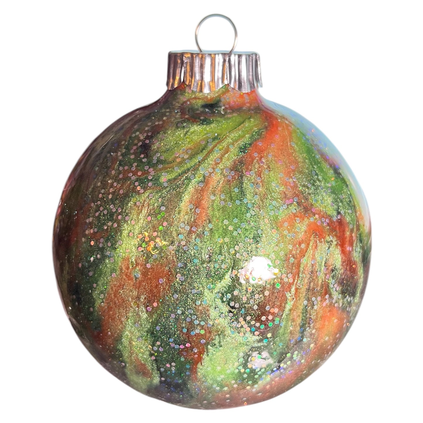 #43 - Ready To Sell Custom 4” Round Ornament / Greens/Browns with Glitter