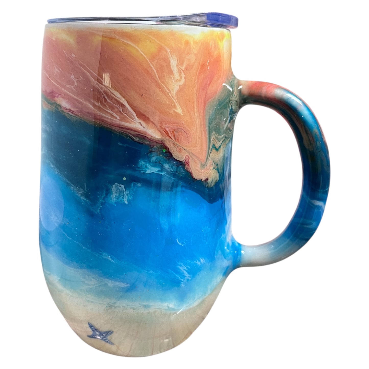 #324 - 16oz Big Stemmy Coffee Mug / Ocean Theme / Decals: Starfish, Shells, “Salty Soul” with Anchor, Mermaid Tail and Flowers