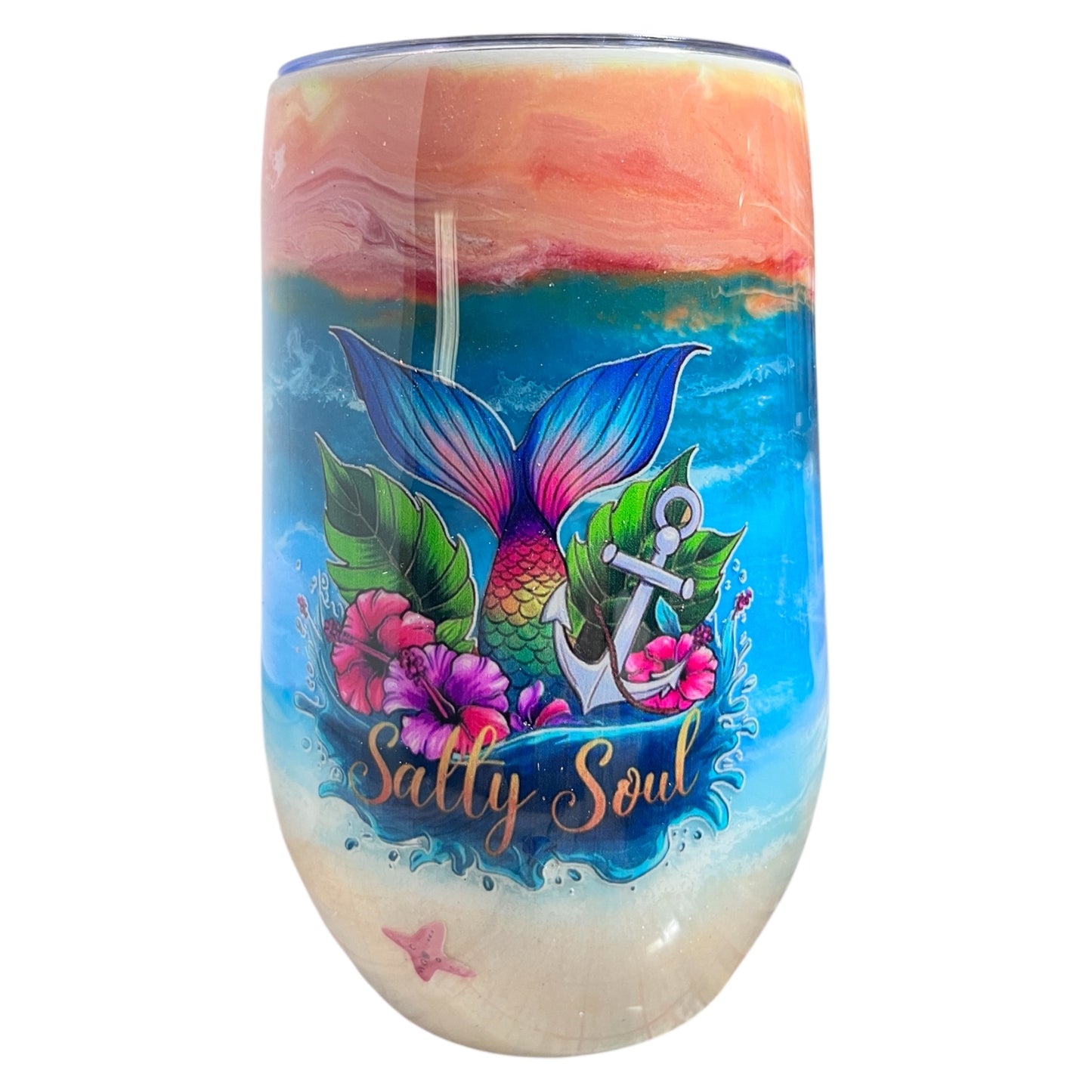 #324 - 16oz Big Stemmy Coffee Mug / Ocean Theme / Decals: Starfish, Shells, “Salty Soul” with Anchor, Mermaid Tail and Flowers