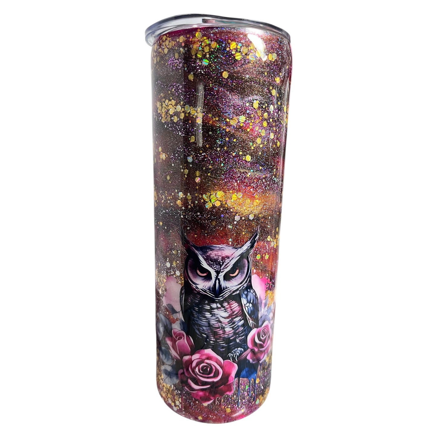 #326  - 20oz Owl Theme Skinny Tumbler / Decals: (3) Owls and Roses