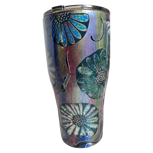 #327 - 30oz Curve Tumbler / Colorshift Base with Glittered Flowers