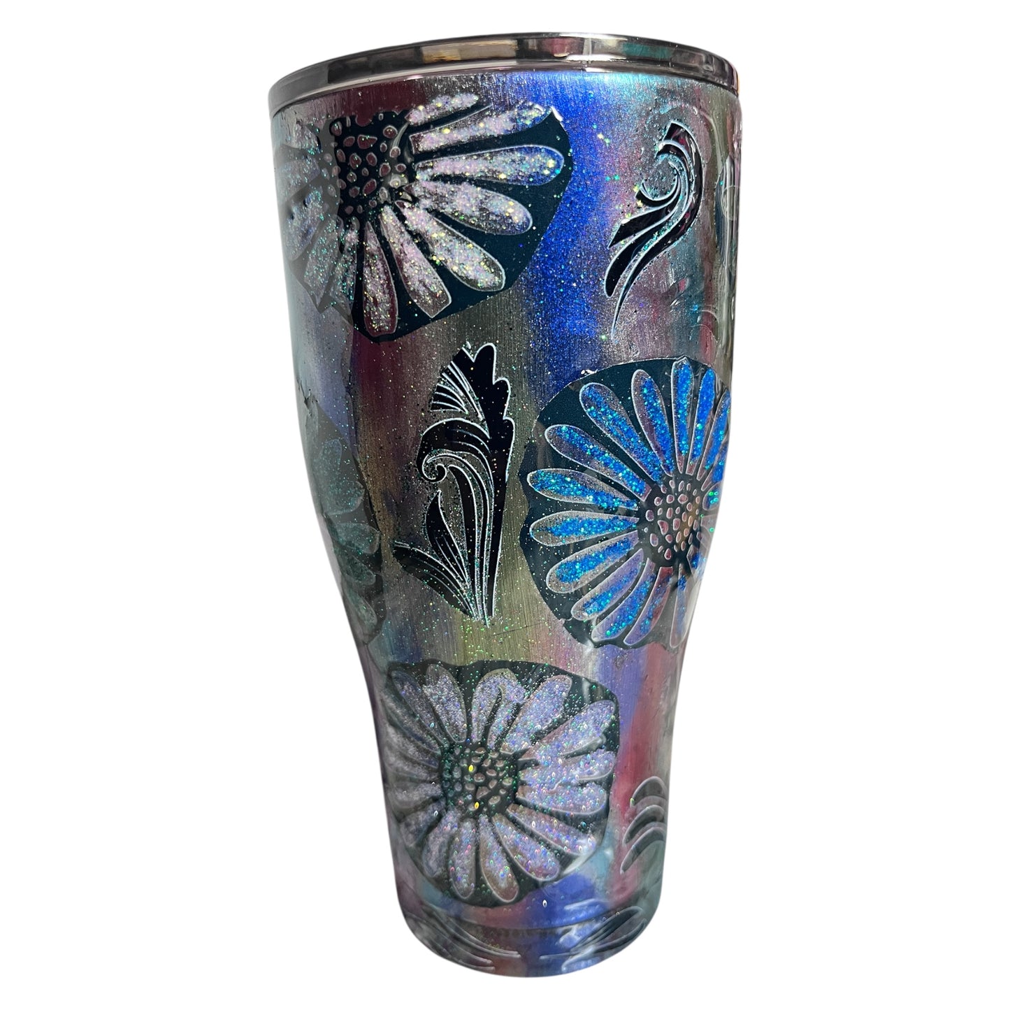 #327 - 30oz Curve Tumbler / Colorshift Base with Glittered Flowers