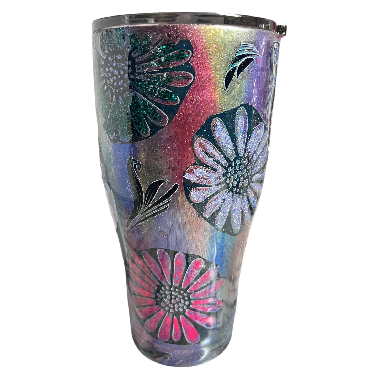#327 - 30oz Curve Tumbler / Colorshift Base with Glittered Flowers