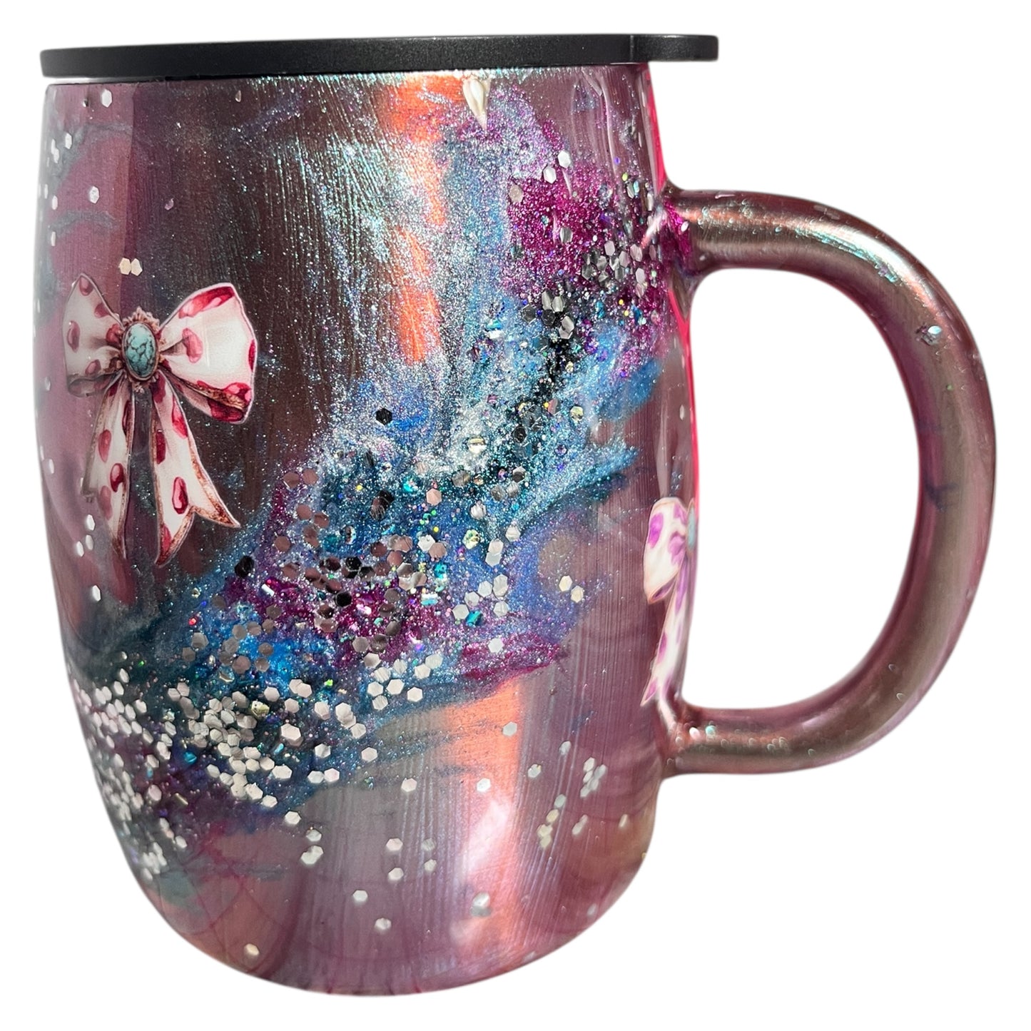 #328 - 14oz Coffee Mug - / Metallic Colorshift Base with Multicolor Inks and Glitter/ Decals: (3) Bows