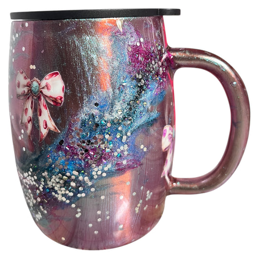 #328 - 14oz Coffee Mug - / Metallic Colorshift Base with Multicolor Inks and Glitter/ Decals: (3) Bows