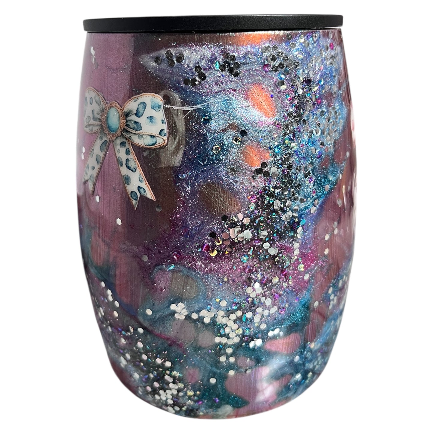 #328 - 14oz Coffee Mug - / Metallic Colorshift Base with Multicolor Inks and Glitter/ Decals: (3) Bows