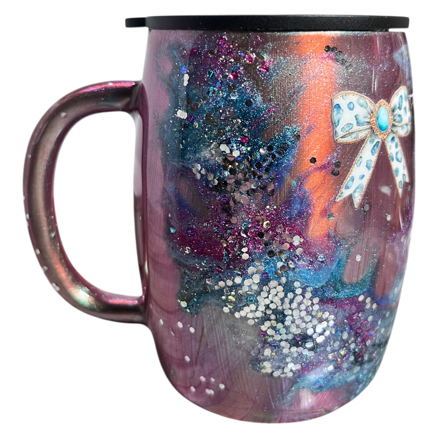 #328 - 14oz Coffee Mug - / Metallic Colorshift Base with Multicolor Inks and Glitter/ Decals: (3) Bows