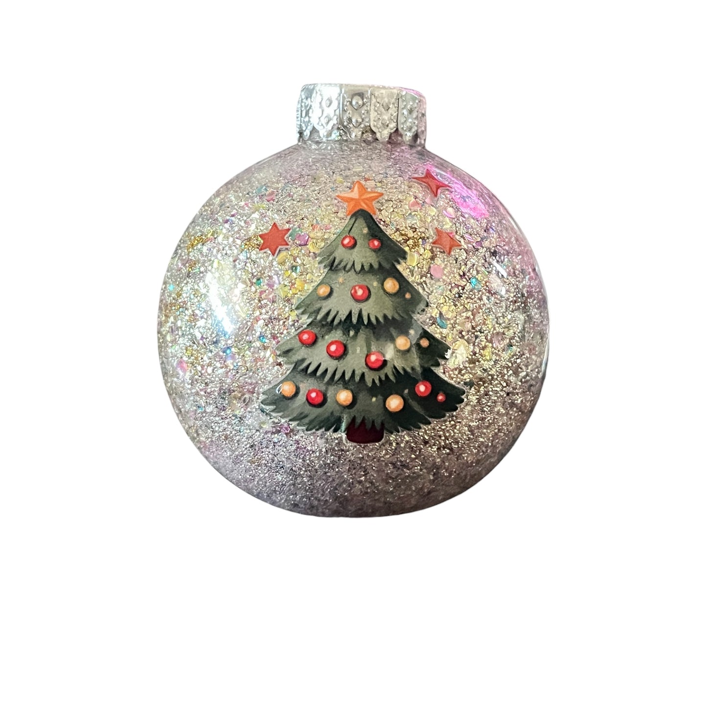 #48 - Ready To Sell Custom Designed 2 1/2” Round Ornament / Multicolor Bubble Glitter Filled / Decals: (2) Trees / Optional Name, Text or Monogram Included