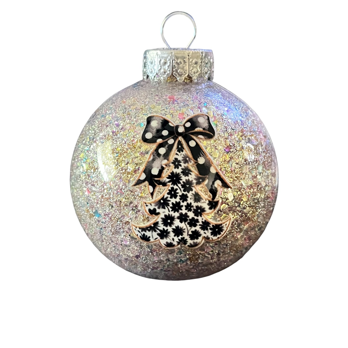 #48 - Ready To Sell Custom Designed 2 1/2” Round Ornament / Multicolor Bubble Glitter Filled / Decals: (2) Trees / Optional Name, Text or Monogram Included