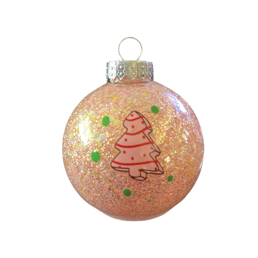 #49 - Ready To Sell Custom Designed 2 1/2” Round Ornament / Peach Glitter Filled / Decals: Santa and Cookie Tree / Optional Name, Text or Monogram Included