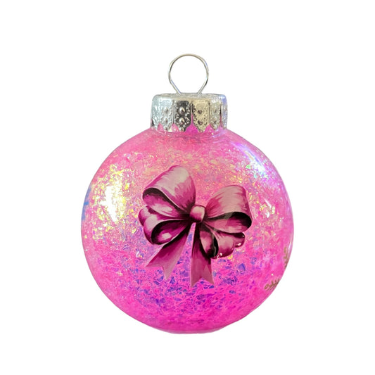 #47 - Ready To Sell Custom Designed 2 1/2” Round Ornament / Pink Glitter Filled / Decals: Snowflakes and Bow / Optional Name, Text or Monogram Included