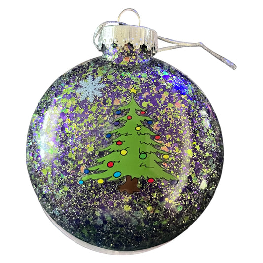 #51 - Ready To Sell Custom Designed 4” Flat Puffed Ornament / Purple and Lime Glitter Inside / Decals: Tree, Snowflake and Grinch Face / Optional Name, Text or Monogram Included