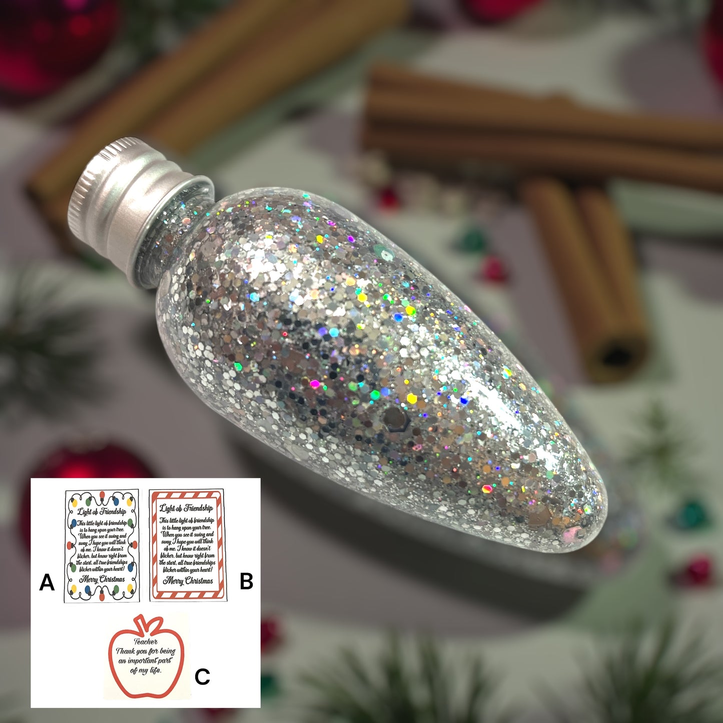 ORDER CUSTOM BULB ORNAMENT SET with Gift Card / Christmas Tree Holiday Seasonal Decoration / Your Choice of Card and Glitter Color / Personalization Optional / Available with Glitter Only