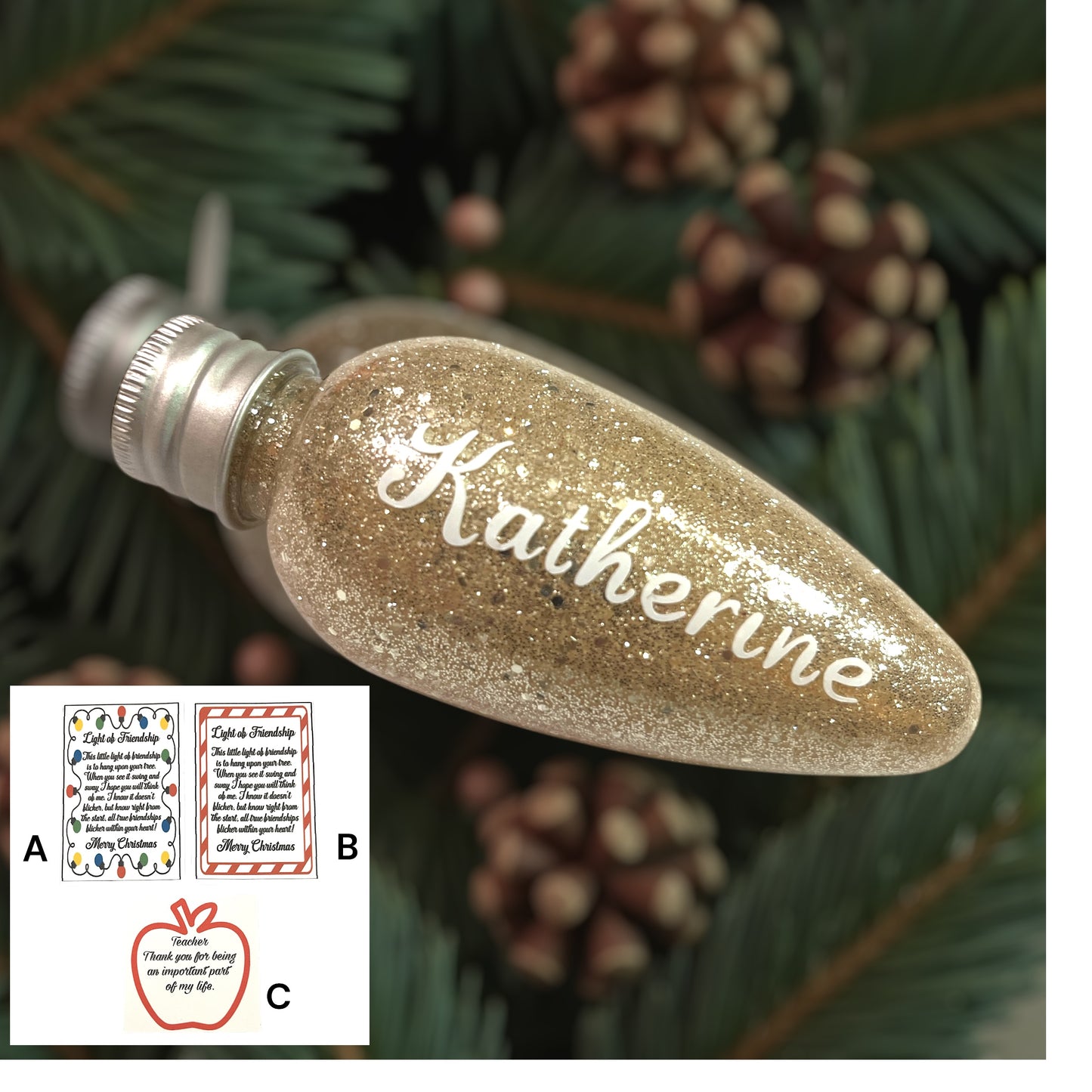ORDER CUSTOM BULB ORNAMENT SET with Gift Card / Christmas Tree Holiday Seasonal Decoration / Your Choice of Card and Glitter Color / Personalization Optional / Available with Glitter Only