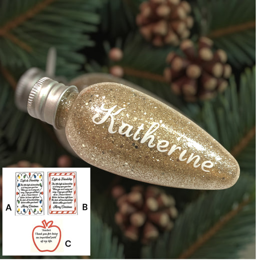ORDER CUSTOM BULB ORNAMENT SET with Gift Card / Christmas Tree Holiday Seasonal Decoration / Your Choice of Card and Glitter Color / Personalization Optional / Available with Glitter Only