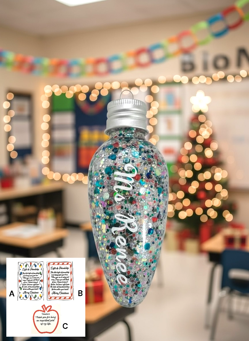 ORDER CUSTOM BULB ORNAMENT SET with Gift Card / Christmas Tree Holiday Seasonal Decoration / Your Choice of Card and Glitter Color / Personalization Optional / Available with Glitter Only