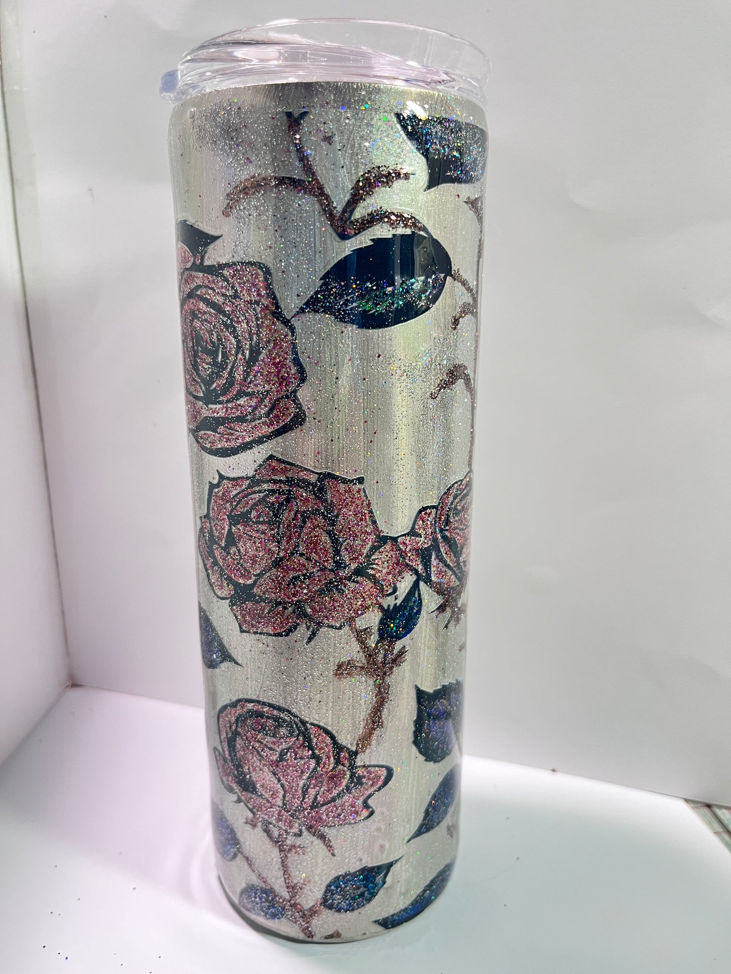 #341 - 20oz Embellished Glttered Foil Rose Skinny Tumbler