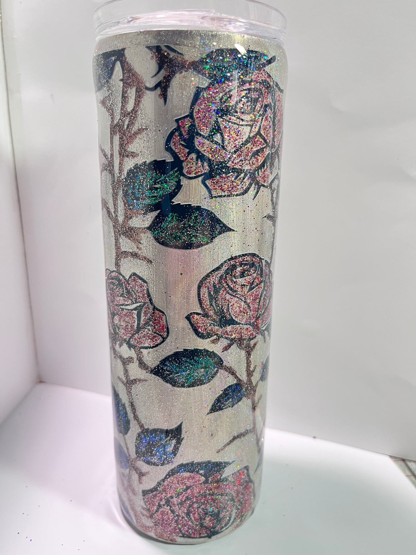 #341 - 20oz Embellished Glttered Foil Rose Skinny Tumbler