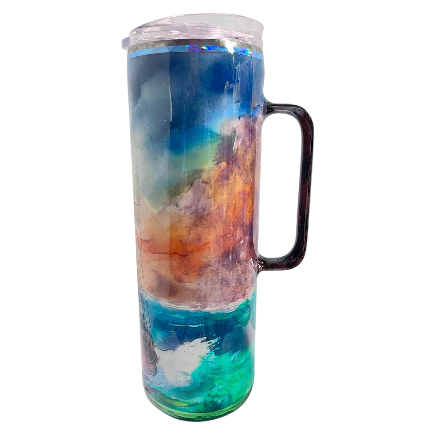 #343 - 20oz Skinny Tumbler with Handle / Ocean Theme with Boat and Lighthouse