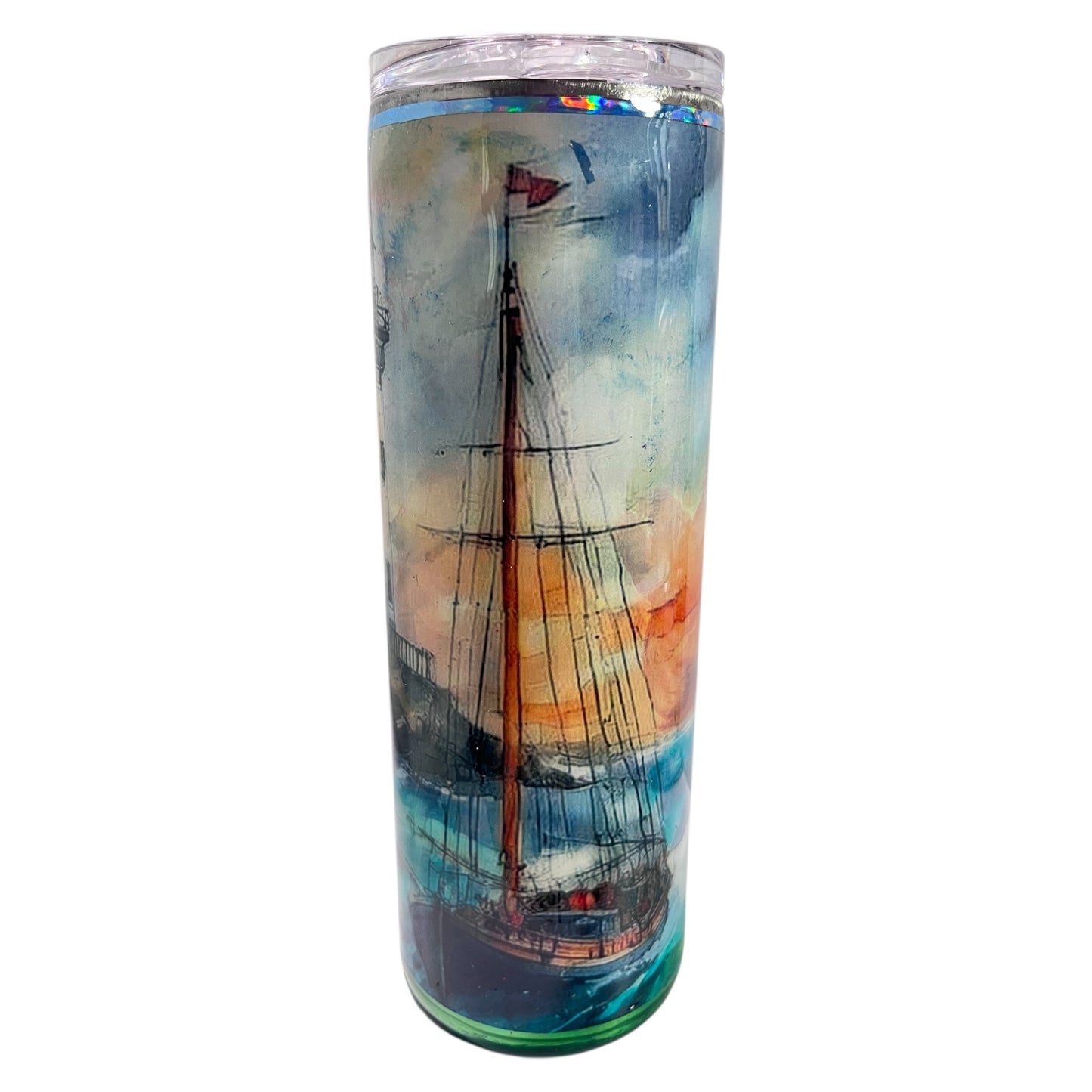 #343 - 20oz Skinny Tumbler with Handle / Ocean Theme with Boat and Lighthouse