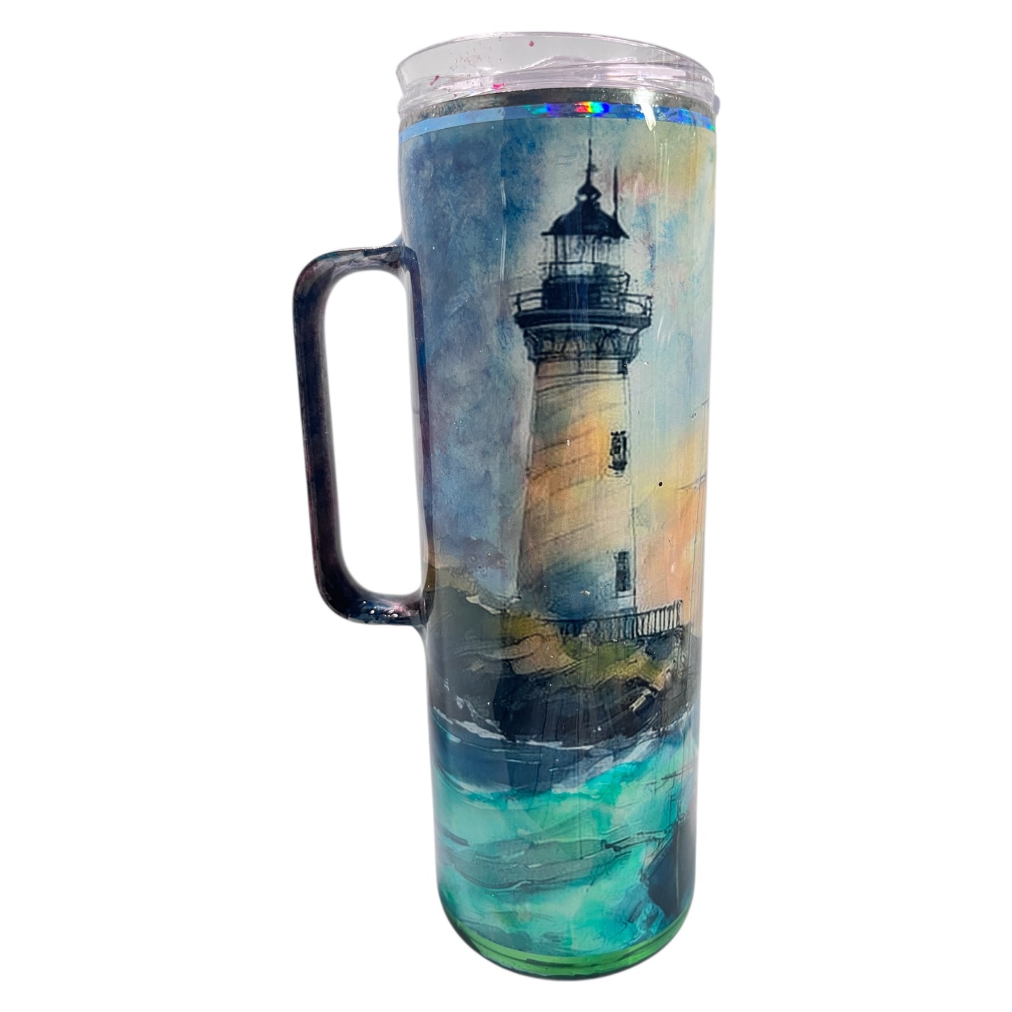 #343 - 20oz Skinny Tumbler with Handle / Ocean Theme with Boat and Lighthouse