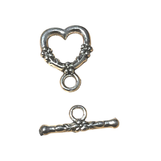 #2847 / Antique Silver Heart Toggle Clasp Set / (Heart) 18x14x3mm, (Loop) 2.5, (Bar) 20x8x3mm / 1.5mm Attached Loop / Sold as Set