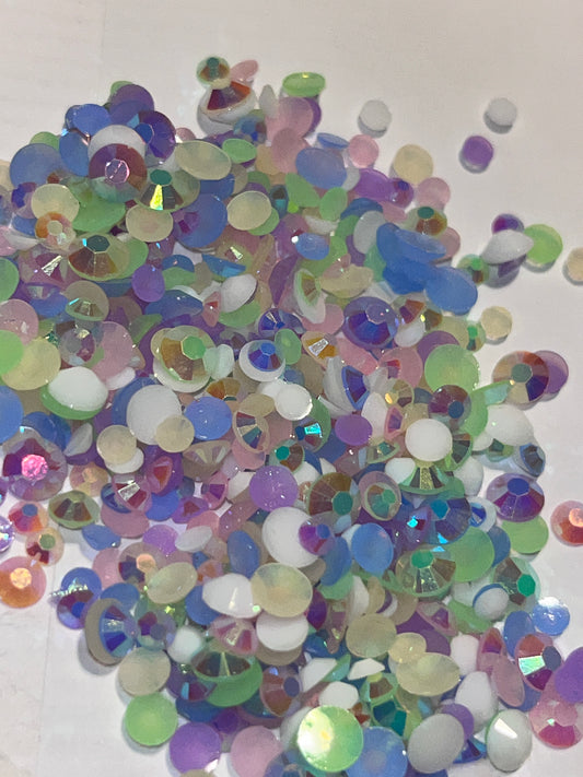 Sea Glass Mix AB Resin Rhinestones / Flat Back / Mixed 3mm, 4mm, 5mm / 19.7g