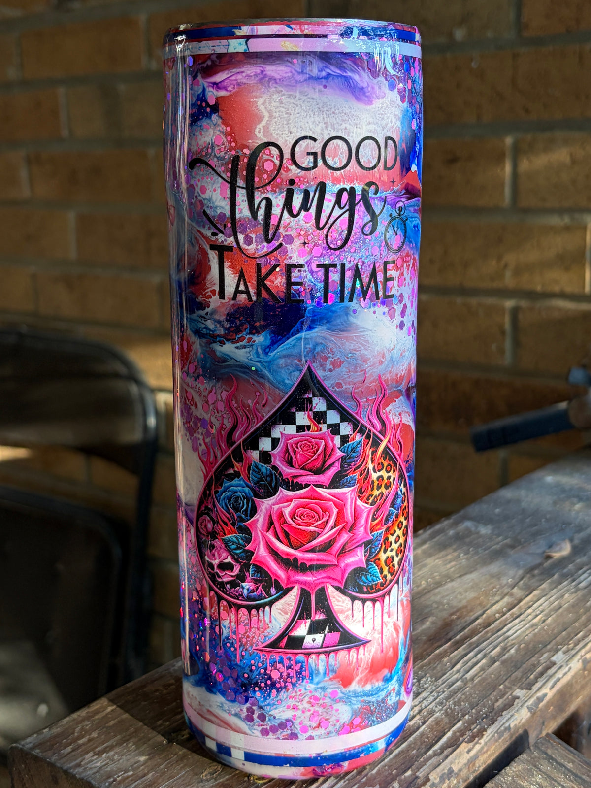 #407 - 30oz Skinny Tumbler / Ink Drop & Floral / TEXT: "Good Things Take Time" & "Soft & Beautiful"
