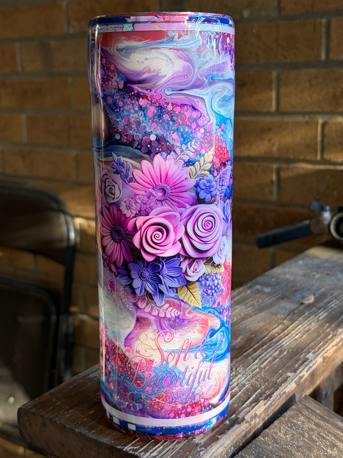 #407 - 30oz Skinny Tumbler / Ink Drop & Floral / TEXT: "Good Things Take Time" & "Soft & Beautiful"