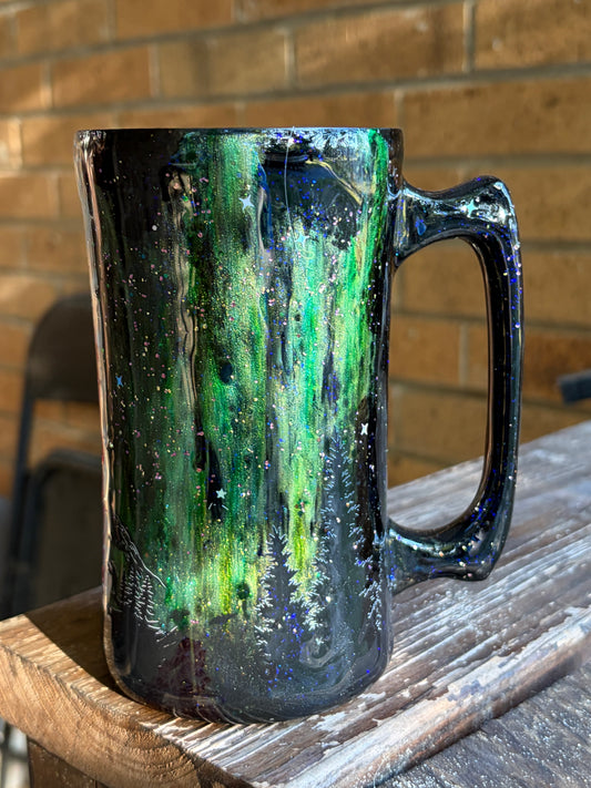#406 - 20oz Beverage Mug - Northern Lights with Trees, Bear & Mountain Silhouette