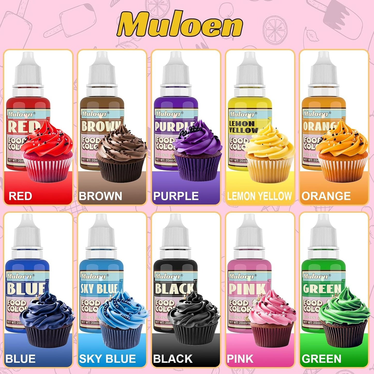MULOEN 10 Bottles of Color Liquid Food Coloring / Food Grade Neon Rainbow Food Coloring Set for Baking, Icing, Cookie, Cake Decorating, Easter Egg / 0.7oz per Bottles