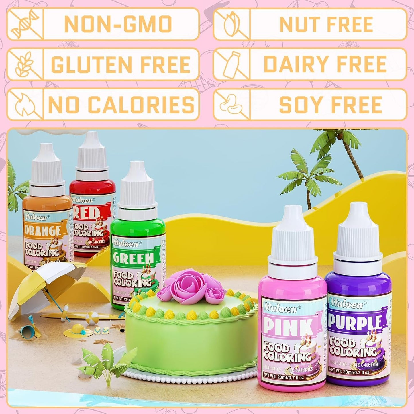 MULOEN 10 Bottles of Color Liquid Food Coloring / Food Grade Neon Rainbow Food Coloring Set for Baking, Icing, Cookie, Cake Decorating, Easter Egg / 0.7oz per Bottles