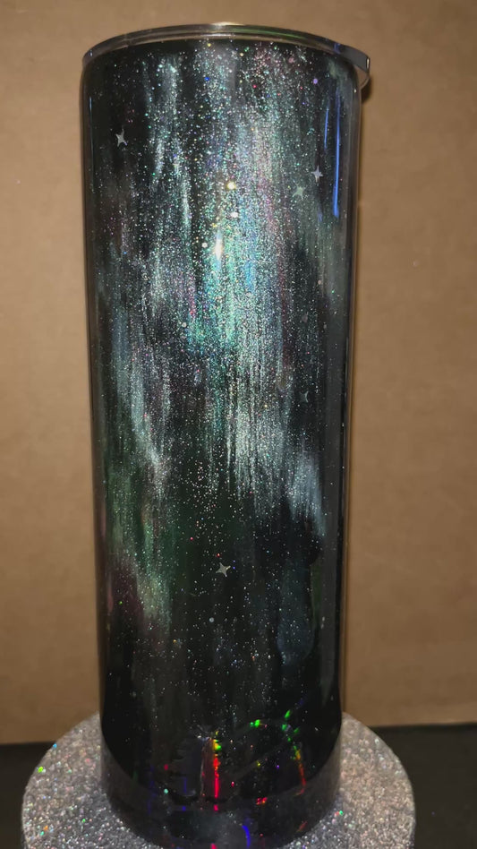 #364 - 20oz Skinny Northern Lights Theme Tumbler with Holographic Trees & Mountains Silhouette