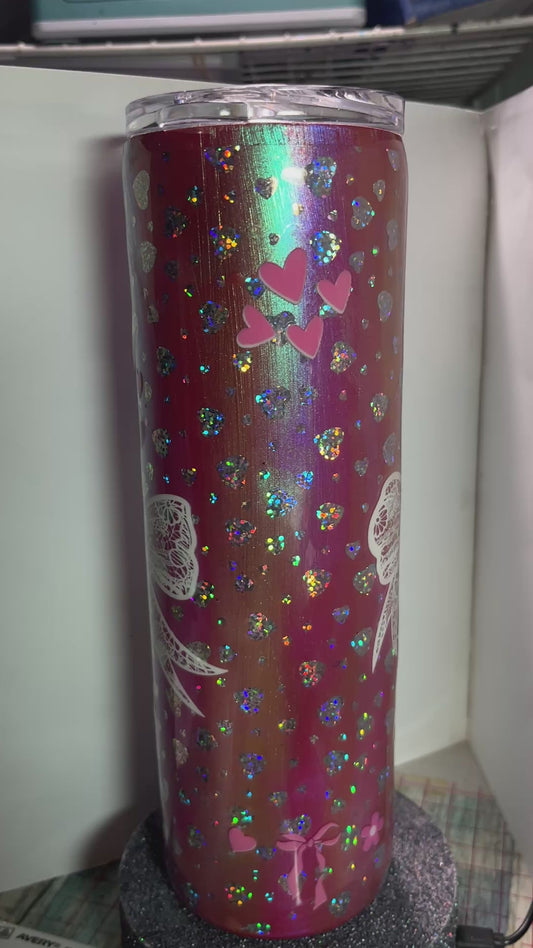 #349 - 30oz Skinny Tumbler / Pink Base with Holographic Silver Heart Overlay & Bows and Hearts Vinyls