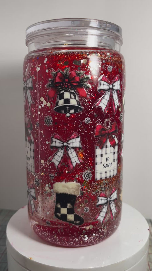 #SG021 - 16oz Snowglobe Acrylic Tumbler / Christmas Theme / Red Lava Flow / Decals: Cottage, Reindeer, Bows, Bells, Presents, Stockings, Ornaments