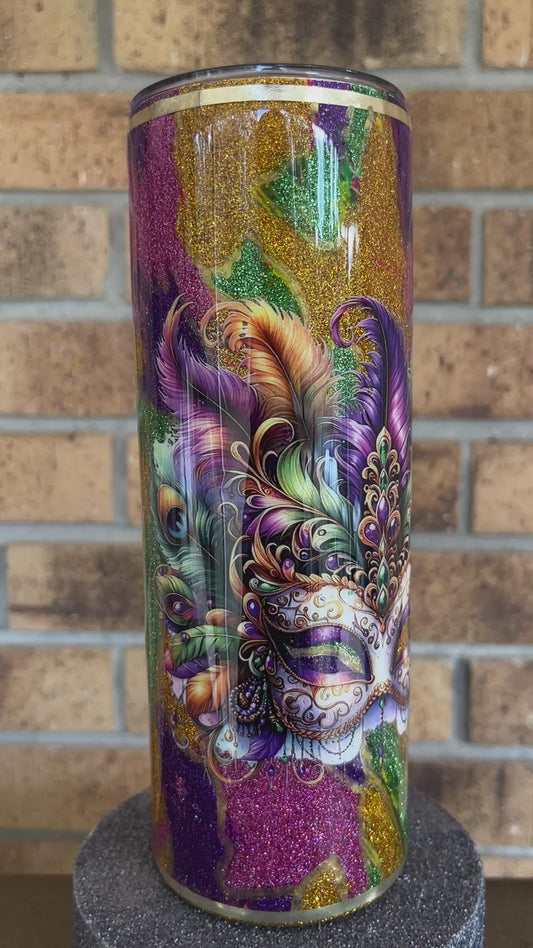 #345 - 20oz Skinny Glttered Foil Mardi Gras Theme Tumbler